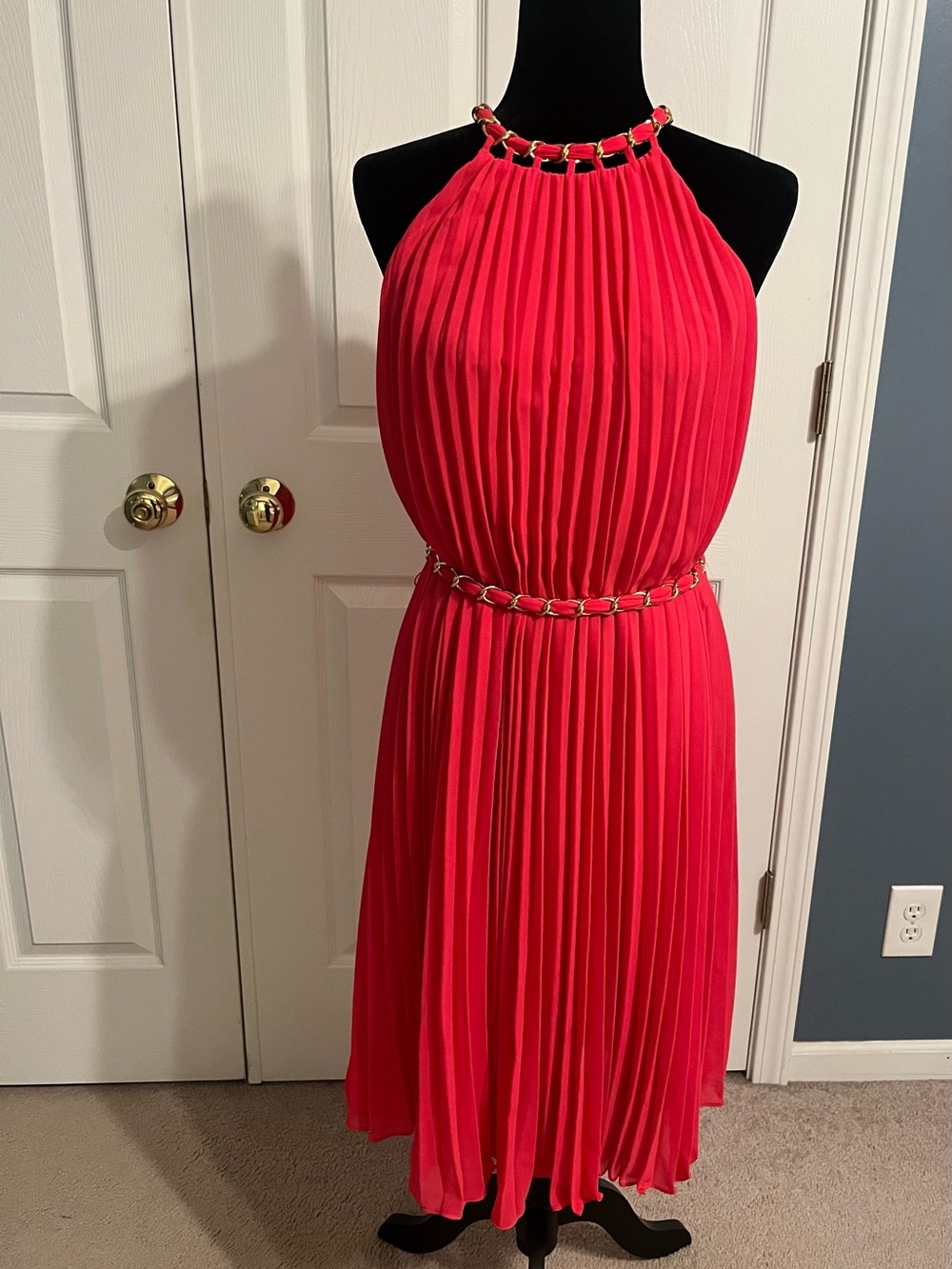 White House Black Market Pleated Halter Midi Dress in Vibrant Pink NWT sz large
